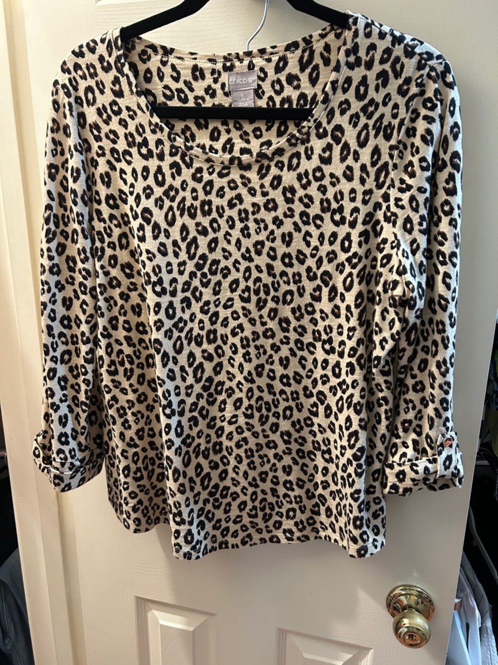 Chico's Cream and Black Leopard Print 3/4 sleeve top size 1